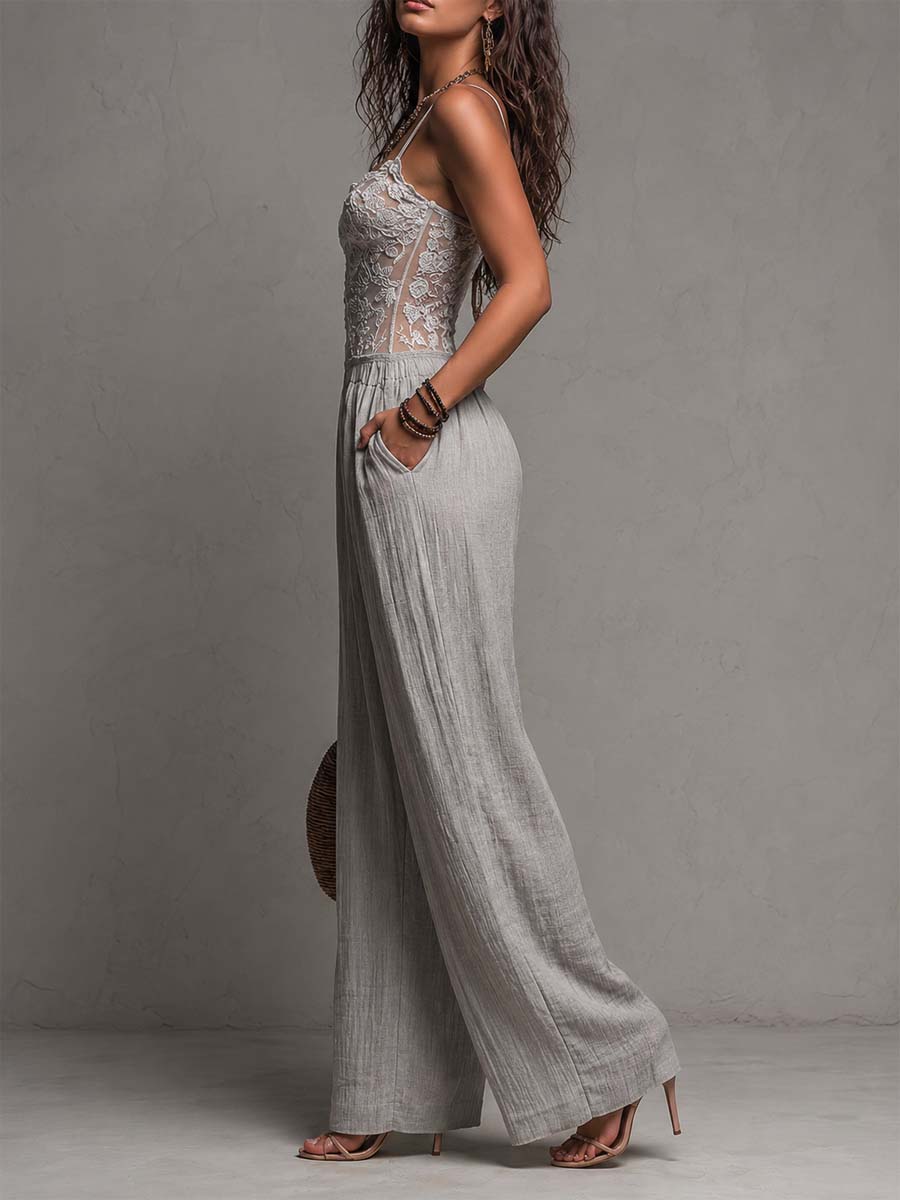 Gladys™ Grey Pleated Lace-Trimmed Jumpsuit
