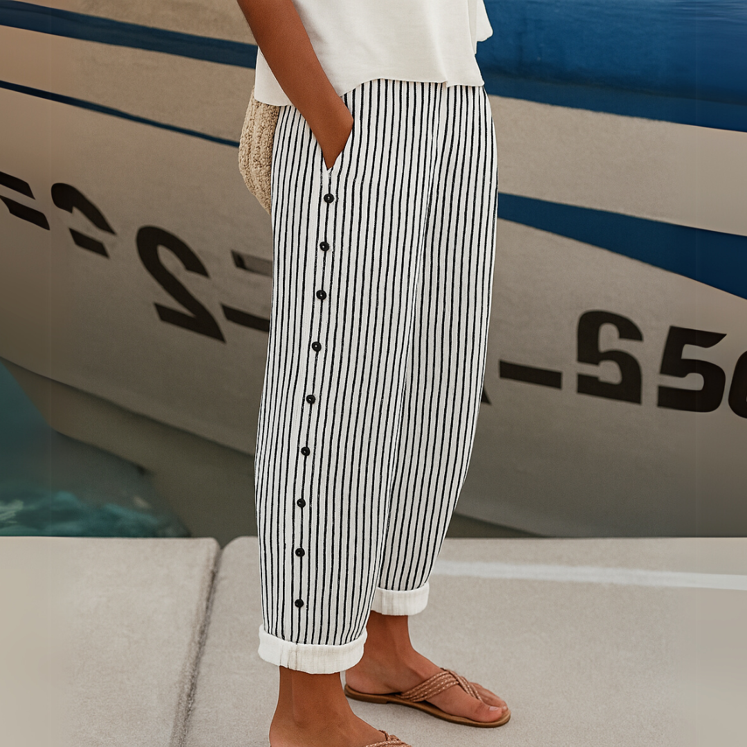 Caitlin | Stylish Linen-Cotton Striped Button Pants