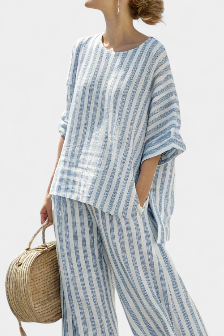 Rensleigh | Sophisticated Blue Striped Top & Relaxed Pants